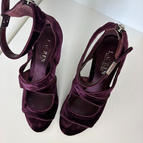 Lauren Ralph Lauren Tyra Peep Toe Purple Velvet Sandal Size 6.5B Burgundy Formal - Picture 3 of 8